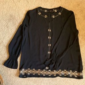 Beautiful black chiffon LS flowy blouse by Rafaella, lovely day or night ex cond